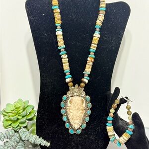 Turquoise and Yellow Opal Beaded Necklace with Bison and Turquoise Pendant